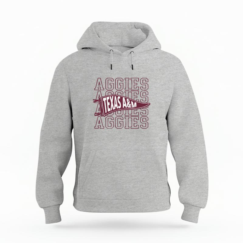 The Heather Grey Unisex Aggies Pennant Organic Cotton Hoodie is set against a Ghost - White Studio background.  The Aggies Pennant graphic is in a Sports Graphics style. 