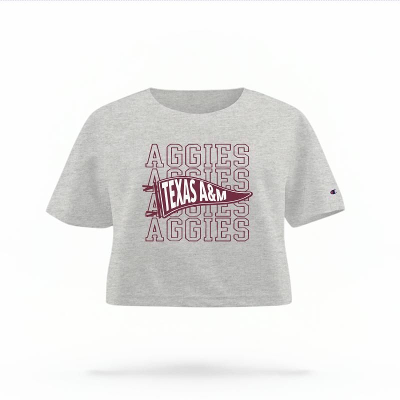 The Heather Grey Female Aggies Pennant Women's Boxy Crop Top is set against a Ghost - White Studio background.  The Aggies Pennant graphic is in a Sports Graphics style. 