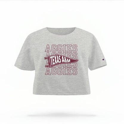 The Heather Grey Female Aggies Pennant Women's Boxy Crop Top is set against a Ghost - White Studio background.  The Aggies Pennant graphic is in a Sports Graphics style. 