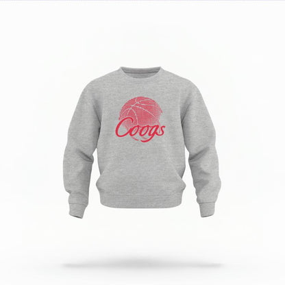 The Heather Grey Unisex Coogs Basketball Toddler Crewneck is set against a Ghost - White Studio background.  The Coogs Basketball graphic is in a Basketball style. 