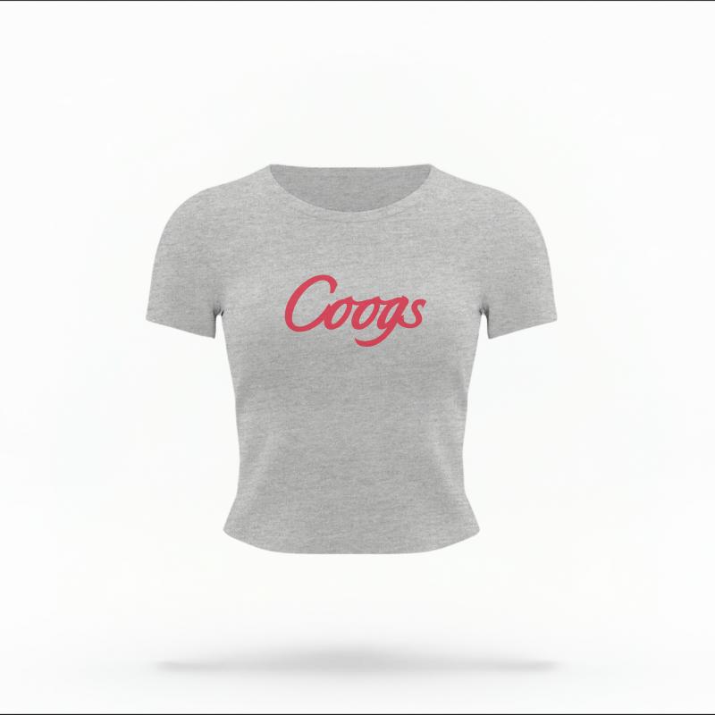 The Heather Grey Female Coogs Script Women's Baby Tee is set against a Ghost - White Studio background.  The Coogs Script graphic is in a Sports Graphics style. 