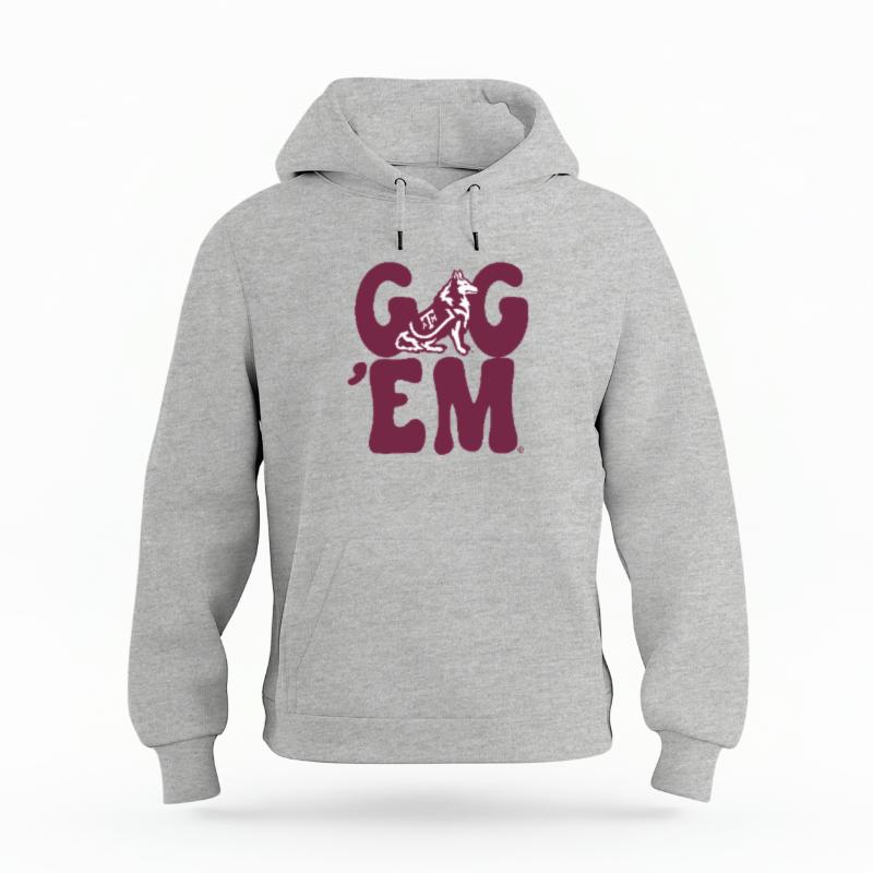 The Heather Grey Unisex Gig 'Em Retro Reveille Organic Cotton Hoodie is set against a Ghost - White Studio background.  The Gig 'Em Retro Reveille graphic is in a Sports Graphics style. 