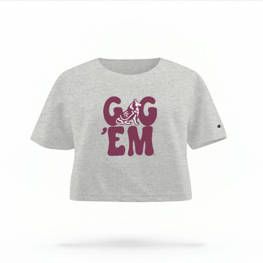 The Heather Grey Female Gig 'Em Retro Reveille Women's Boxy Crop Top is set against a Ghost - White Studio background.  The Gig 'Em Retro Reveille graphic is in a Sports Graphics style. 