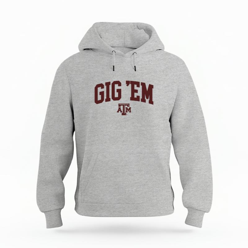 The Heather Grey Unisex Gig 'Em Varsity Organic Cotton Hoodie is set against a Ghost - White Studio background.  The Gig 'Em Varsity graphic is in a Sports Graphics style. 