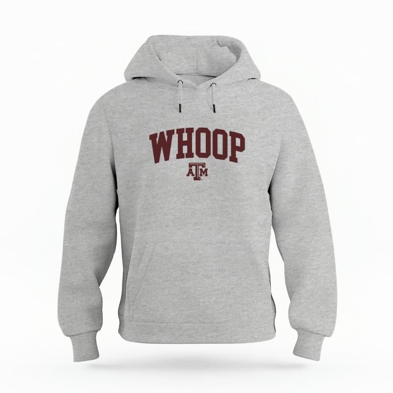 The Heather Grey Unisex Whoop Varsity Organic Cotton Hoodie is set against a Ghost - White Studio background.  The Whoop Varsity graphic is in a Sports Graphics style. 