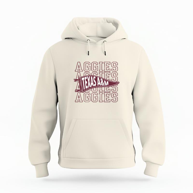The Ivory Unisex Aggies Pennant Organic Cotton Hoodie is set against a Ghost - White Studio background.  The Aggies Pennant graphic is in a Sports Graphics style. 
