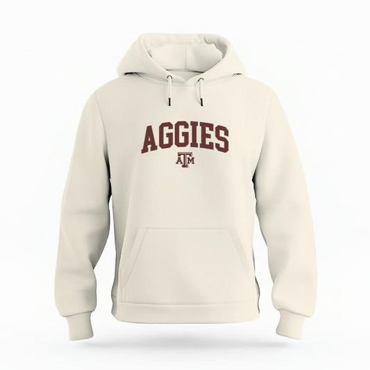 The Ivory Unisex Aggies Varsity Organic Cotton Hoodie is set against a Ghost - White Studio background.  The Aggies Varsity graphic is in a Sports Graphics style. 