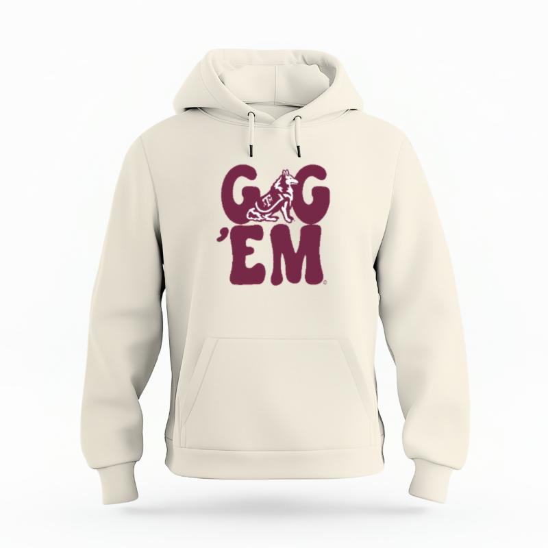 The Ivory Unisex Gig 'Em Retro Reveille Organic Cotton Hoodie is set against a Ghost - White Studio background.  The Gig 'Em Retro Reveille graphic is in a Sports Graphics style. 