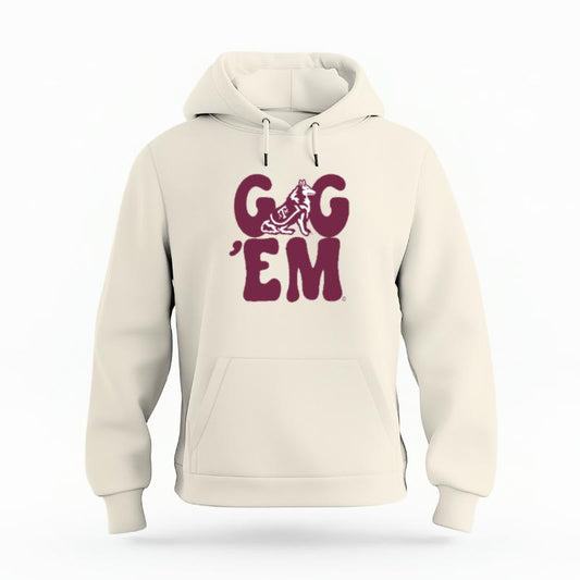 The Ivory Unisex Gig 'Em Retro Reveille Organic Cotton Hoodie is set against a Ghost - White Studio background.  The Gig 'Em Retro Reveille graphic is in a Sports Graphics style. 