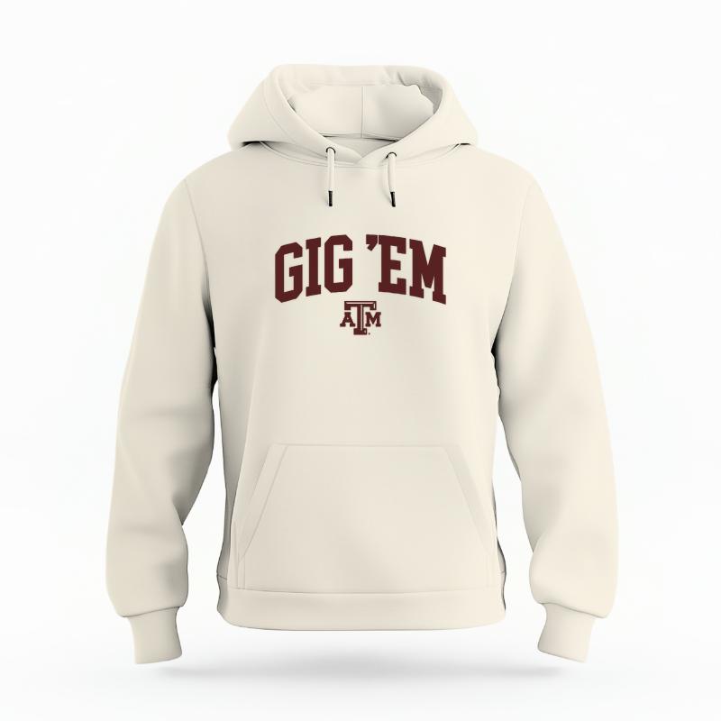 The Ivory Unisex Gig 'Em Varsity Organic Cotton Hoodie is set against a Ghost - White Studio background.  The Gig 'Em Varsity graphic is in a Sports Graphics style. 
