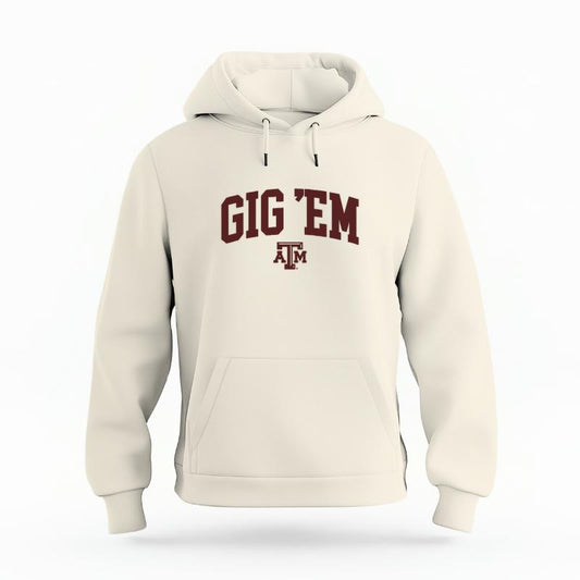 The Ivory Unisex Gig 'Em Varsity Organic Cotton Hoodie is set against a Ghost - White Studio background.  The Gig 'Em Varsity graphic is in a Sports Graphics style. 