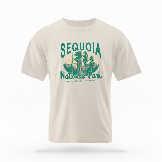 The Ivory Unisex Sequoia National Park T-shirt is set against a Ghost - White Studio background.  The Sequoia National Park graphic is in a National Parks style. 