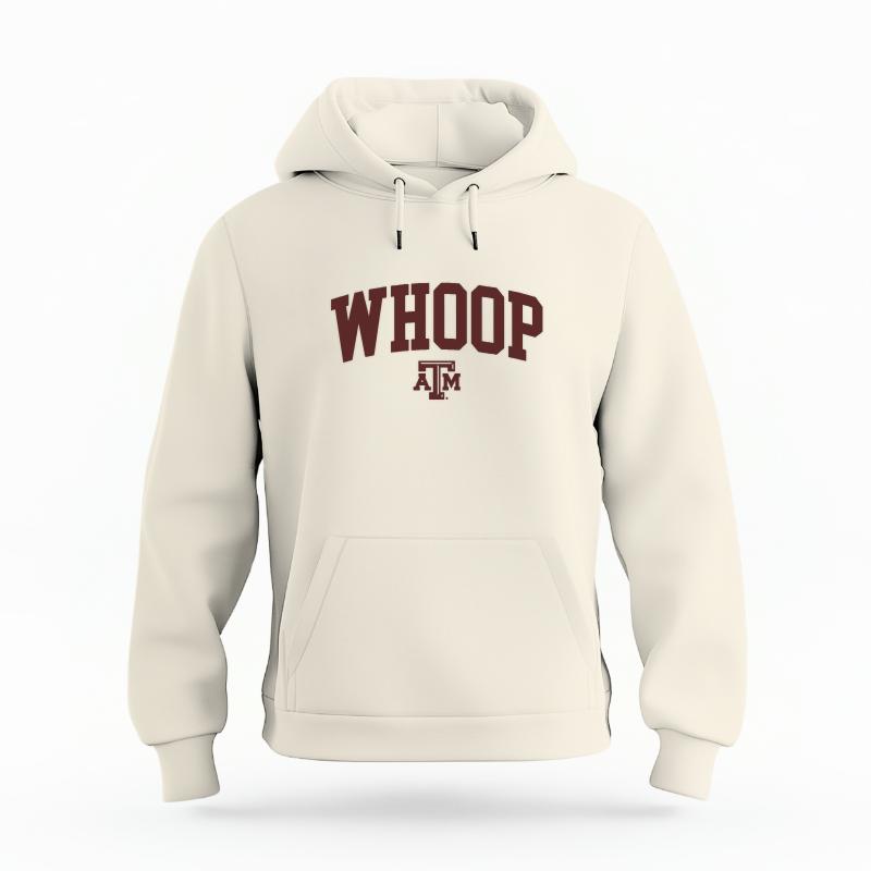 The Ivory Unisex Whoop Varsity Organic Cotton Hoodie is set against a Ghost - White Studio background.  The Whoop Varsity graphic is in a Sports Graphics style. 