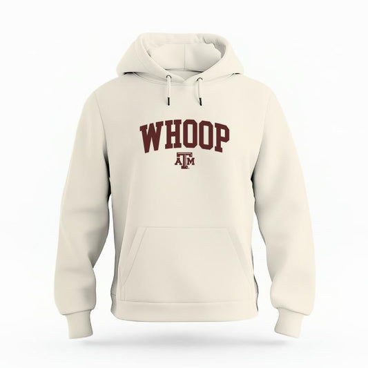 The Ivory Unisex Whoop Varsity Organic Cotton Hoodie is set against a Ghost - White Studio background.  The Whoop Varsity graphic is in a Sports Graphics style. 