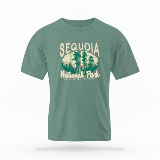 The Light Green Unisex Sequoia National Park T-shirt is set against a Ghost - White Studio background.  The Sequoia National Park graphic is in a National Parks style. 