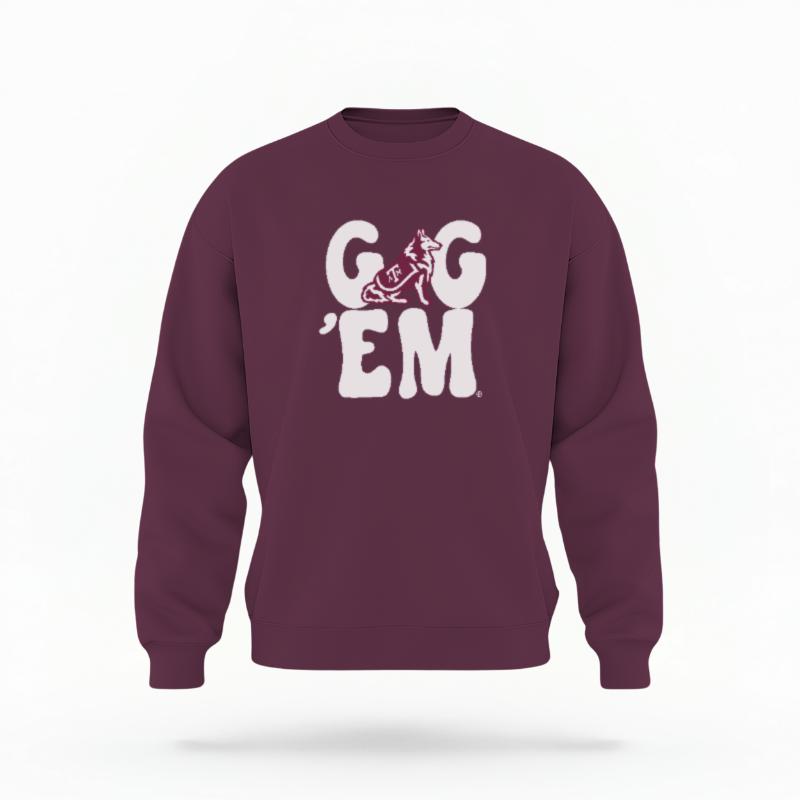 The Maroon Unisex Gig 'Em Retro Reveille Crewneck Sweatshirt is set against a Ghost - White Studio background.  The Gig 'Em Retro Reveille graphic is in a Sports Graphics style. 