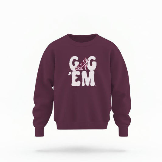 The Maroon Unisex Gig 'Em Retro Reveille Youth Crewneck Sweatshirt is set against a Ghost - White Studio background.  The Gig 'Em Retro Reveille graphic is in a Sports Graphics style. 