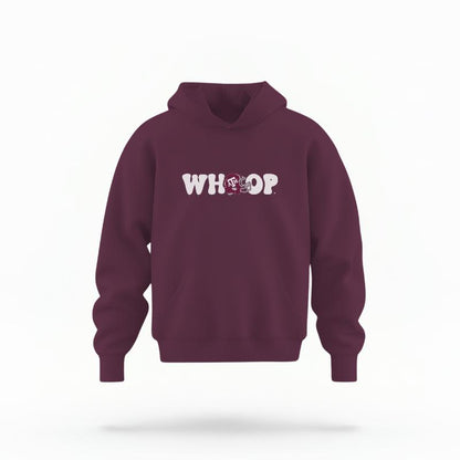 The Maroon Unisex Whoop Football Youth Hoodie is set against a Ghost - White Studio background.  The Whoop Football graphic is in a Retro style. 