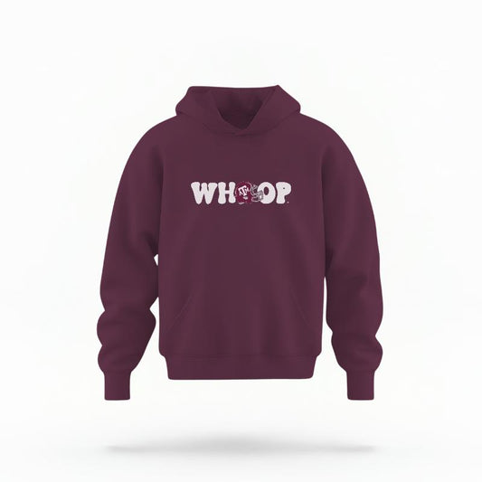 The Maroon Unisex Whoop Football Youth Hoodie is set against a Ghost - White Studio background.  The Whoop Football graphic is in a Retro style. 