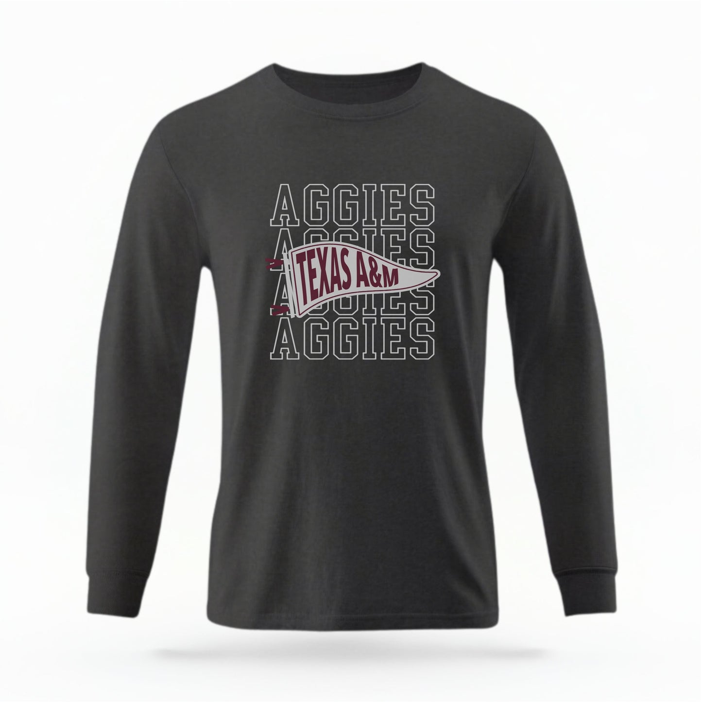 The Pepper Unisex Aggies Pennant Long Sleeve T-shirt is set against a Ghost - White Studio background.  The Aggies Pennant graphic is in a Sports Graphics style. 