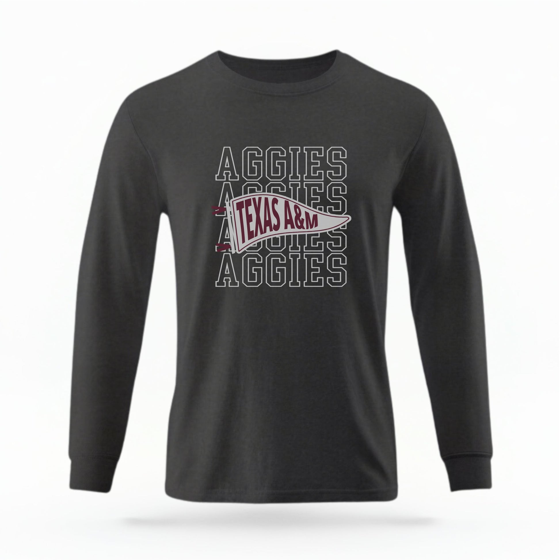 The Pepper Unisex Aggies Pennant Long Sleeve T-shirt is set against a Ghost - White Studio background.  The Aggies Pennant graphic is in a Sports Graphics style. 