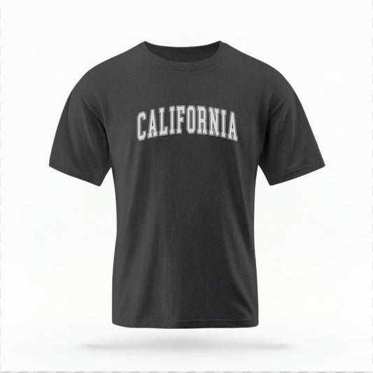 The Pepper Unisex California Varsity T-shirt is set against a Ghost - White Studio background.  The California Varsity graphic is in a Varsity style. 