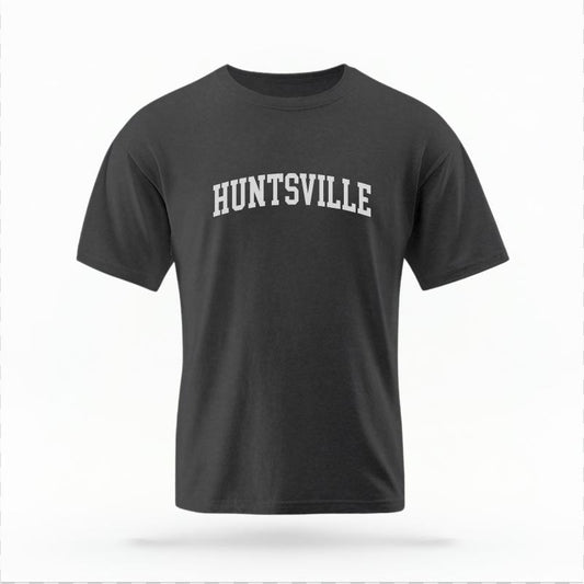 The Pepper Unisex Huntsville, AL Varsity T-shirt is set against a Ghost - White Studio background.  The Huntsville, AL Varsity graphic is in a Varsity style. 