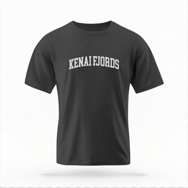 The Pepper Unisex Kenai Fjords Alaska Varsity T-shirt is set against a Ghost - White Studio background.  The Kenai Fjords Alaska Varsity graphic is in a Varsity style. 