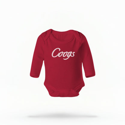 The red Unisex Coogs Script Infant Long Sleeve Bodysuit is set against a Ghost - White Studio background.  The Coogs Script graphic is in a Sports Graphics style. 
