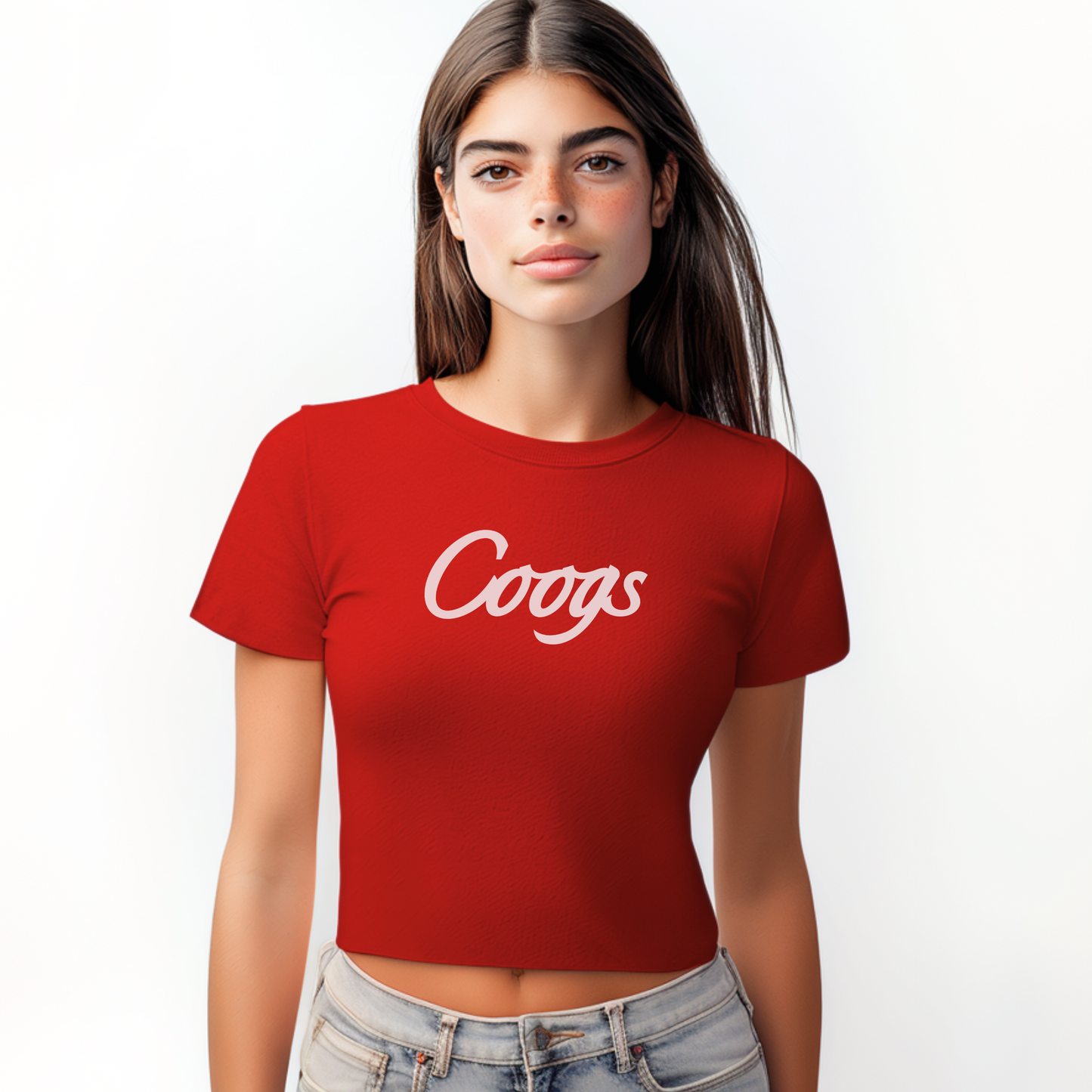 Person wearing a red 'Coogs' t-shirt on a white background
