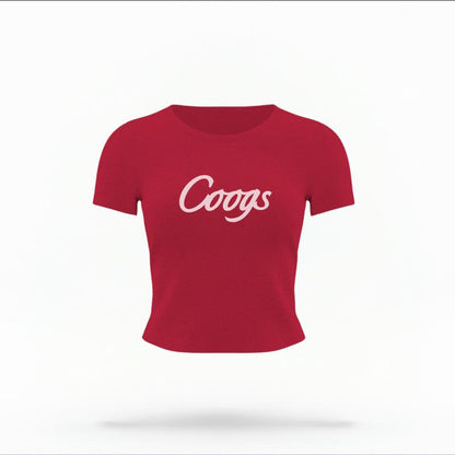 The Red Female Coogs Script Women's Baby Tee is set against a Ghost - White Studio background.  The Coogs Script graphic is in a Sports Graphics style. 