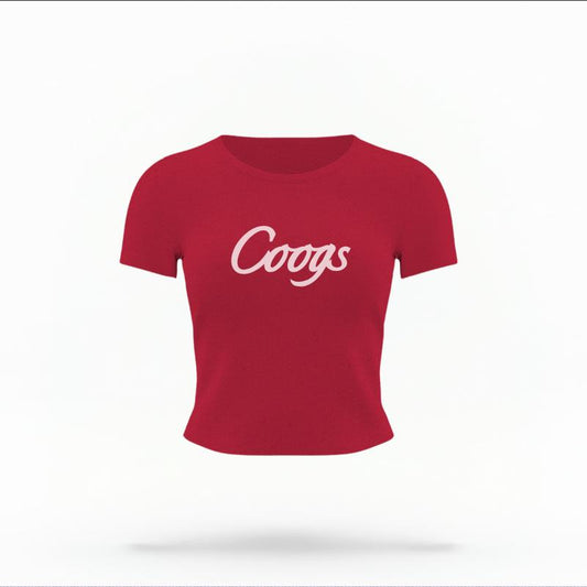 The Red Female Coogs Script Women's Baby Tee is set against a Ghost - White Studio background.  The Coogs Script graphic is in a Sports Graphics style. 