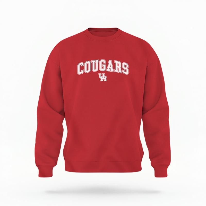 The Red Unisex Cougars Varsity Crewneck Sweatshirt is set against a Ghost - White Studio background.  The Cougars Varsity graphic is in a Varsity style. 