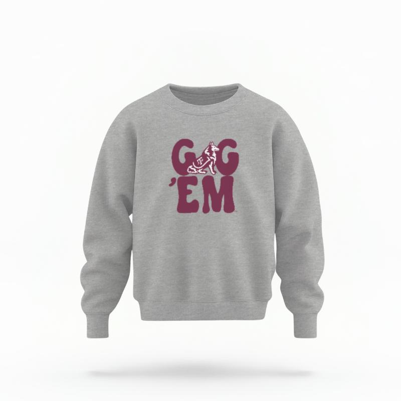 The Sport Grey Unisex Gig 'Em Retro Reveille Youth Crewneck Sweatshirt is set against a Ghost - White Studio background.  The Gig 'Em Retro Reveille graphic is in a Sports Graphics style. 
