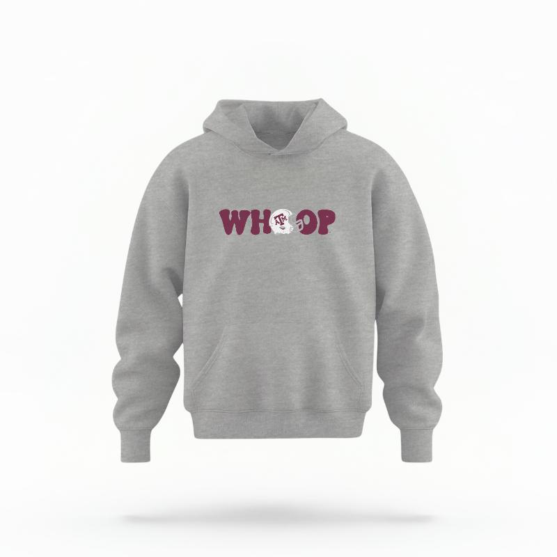 The Sport Grey Unisex Whoop Football Youth Hoodie is set against a Ghost - White Studio background.  The Whoop Football graphic is in a Retro style. 