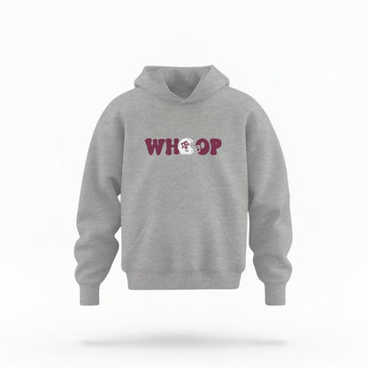 The Sport Grey Unisex Whoop Football Youth Hoodie is set against a Ghost - White Studio background.  The Whoop Football graphic is in a Retro style. 