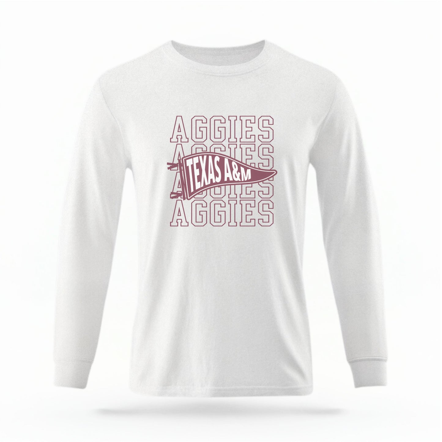 The White Unisex Aggies Pennant Long Sleeve T-shirt is set against a Ghost - White Studio background.  The Aggies Pennant graphic is in a Sports Graphics style. 