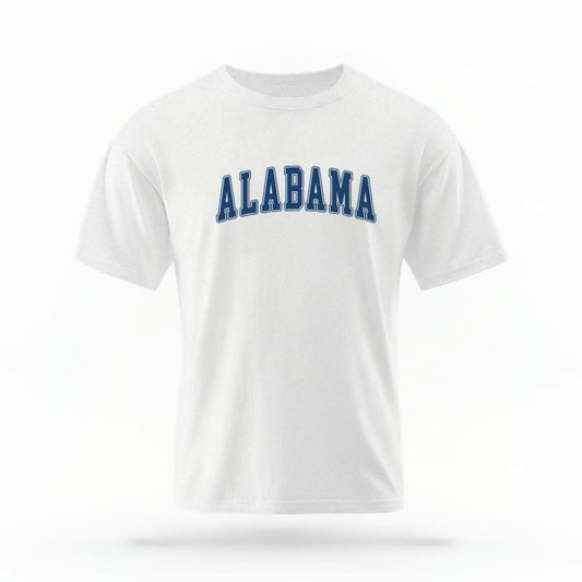 The White Unisex Alabama Varsity T-shirt is set against a Ghost - White Studio background.  The Alabama Varsity graphic is in a Varsity style. 