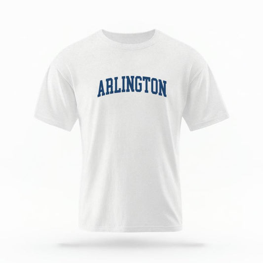The White Unisex Arlington Varsity T-shirt is set against a Ghost - White Studio background.  The Arlington Varsity graphic is in a Varsity style. 