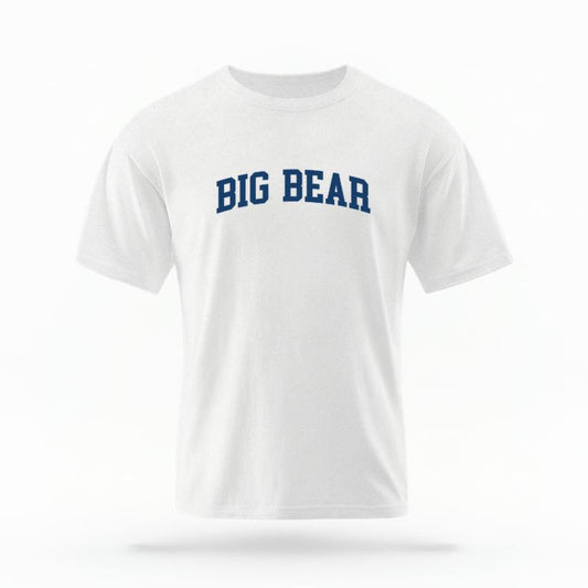 The White Unisex Big Bear CA Varsity T-shirt is set against a Ghost - White Studio background.  The Big Bear CA Varsity graphic is in a Varsity style. 