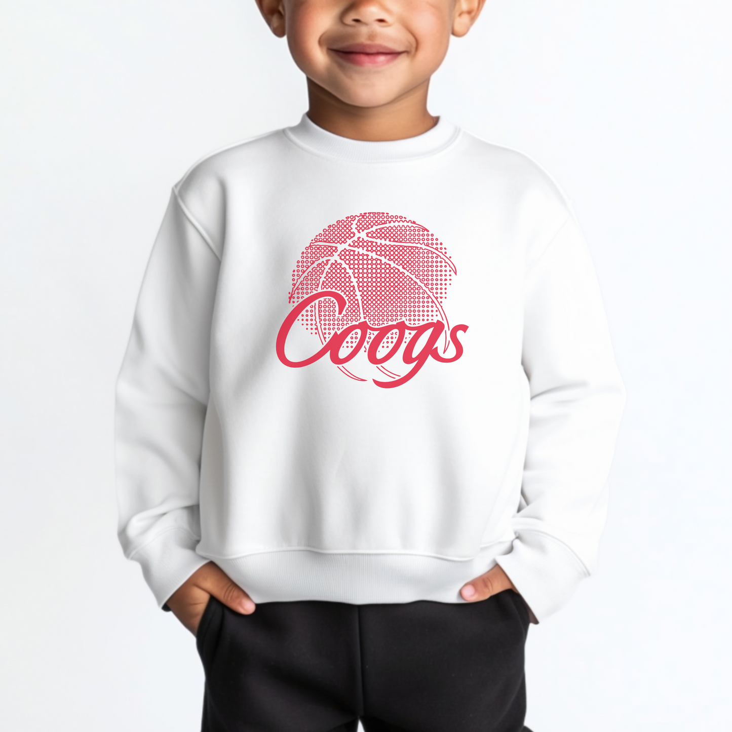The white Unisex Coogs Basketball Toddler Crewneck.  The Coogs Basketball graphic is in a Basketball style. 