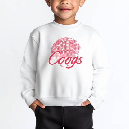 The white Unisex Coogs Basketball Toddler Crewneck.  The Coogs Basketball graphic is in a Basketball style. 