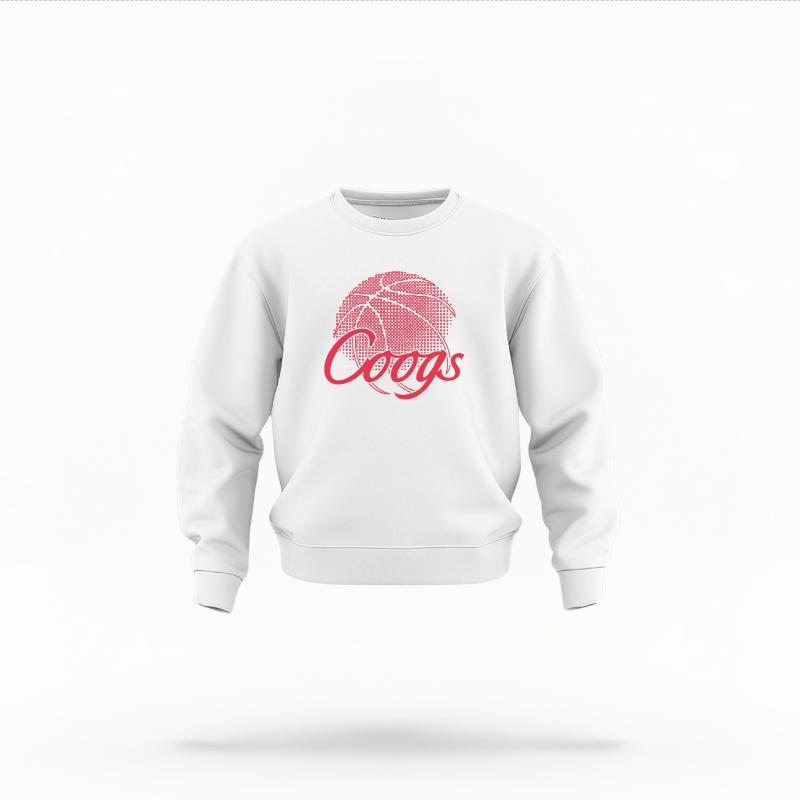 The White Unisex Coogs Basketball Toddler Crewneck is set against a Ghost - White Studio background.  The Coogs Basketball graphic is in a Basketball style. 