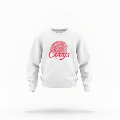 The White Unisex Coogs Basketball Toddler Crewneck is set against a Ghost - White Studio background.  The Coogs Basketball graphic is in a Basketball style. 
