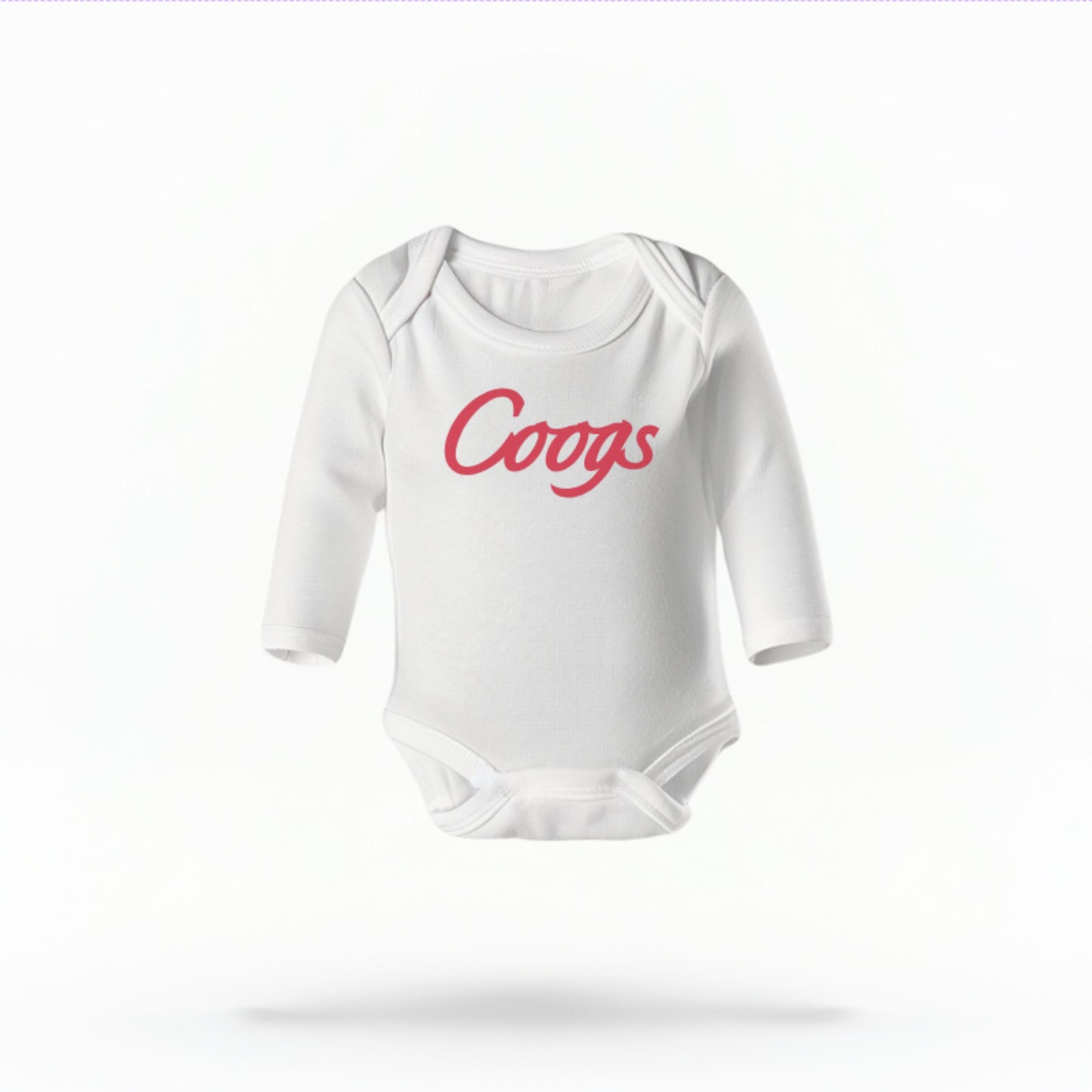 The White Unisex Coogs Script Infant Long Sleeve Bodysuit is set against a Ghost - White Studio background.  The Coogs Script graphic is in a Sports Graphics style. 