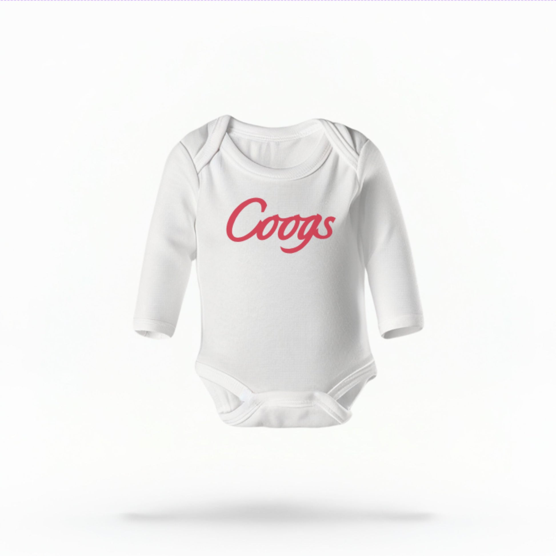 The White Unisex Coogs Script Infant Long Sleeve Bodysuit is set against a Ghost - White Studio background.  The Coogs Script graphic is in a Sports Graphics style. 