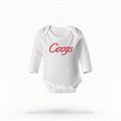 The White Unisex Coogs Script Infant Long Sleeve Bodysuit is set against a Ghost - White Studio background.  The Coogs Script graphic is in a Sports Graphics style. 