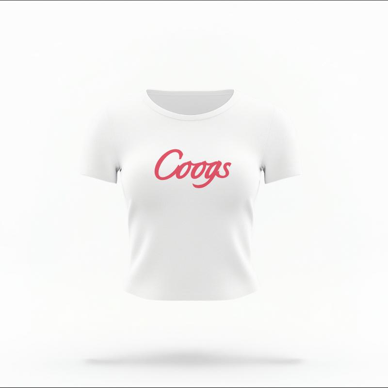 The White Female Coogs Script Women's Baby Tee is set against a Ghost - White Studio background.  The Coogs Script graphic is in a Sports Graphics style. 