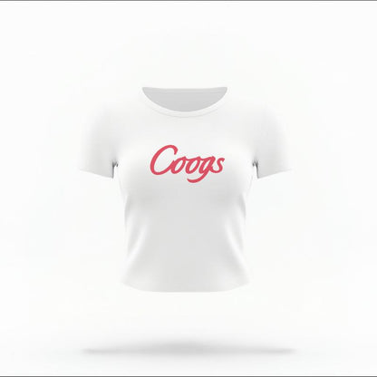 The White Female Coogs Script Women's Baby Tee is set against a Ghost - White Studio background.  The Coogs Script graphic is in a Sports Graphics style. 
