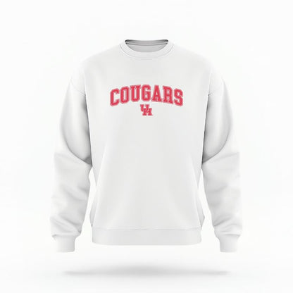 The White Unisex Cougars Varsity Crewneck Sweatshirt is set against a Ghost - White Studio background.  The Cougars Varsity graphic is in a Varsity style. 